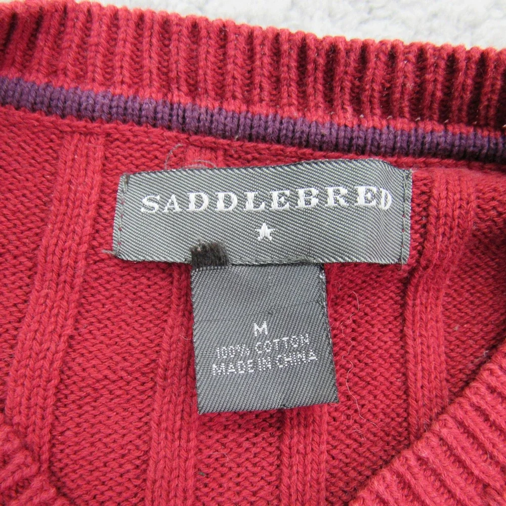 Saddlebred Men's Red Cable Knit V-Neck Long Sleeve Cotton‎ Sweater Med